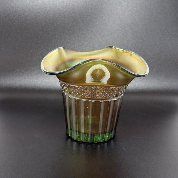 Vintage Northwood Carnival Glass Vase Ruffle Hat Green Iridescent 3.75" Tall - Picture 2 of 15